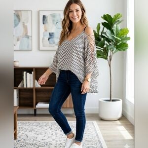 Liberty Love Black & White Chevron Cold-Shoulder Blouse